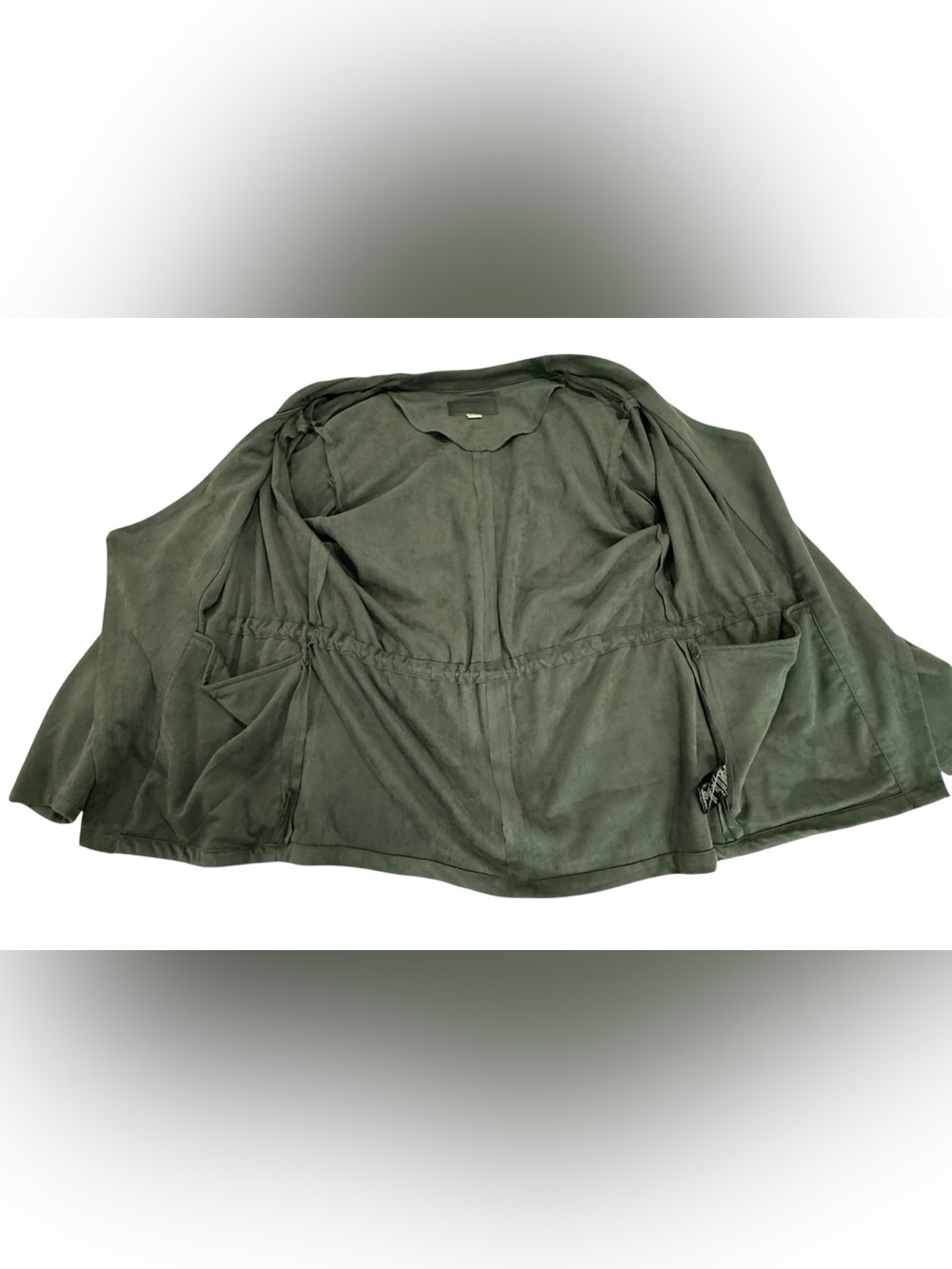 BLANKNYC Olive Green Faux Suede Draped Open Front Drawstring Jacket XL EUC - Picture 7 of 12